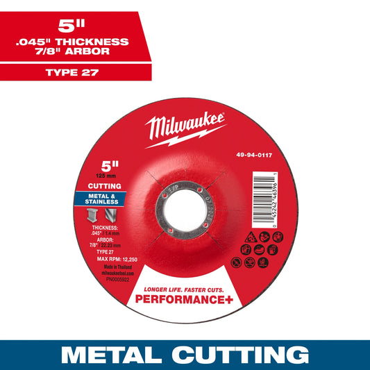Milwaukee Tool 49-94-0117 5" x .045" x 7/8" Performance & Metal Cut Off Wheel - Type 27, 1 EA