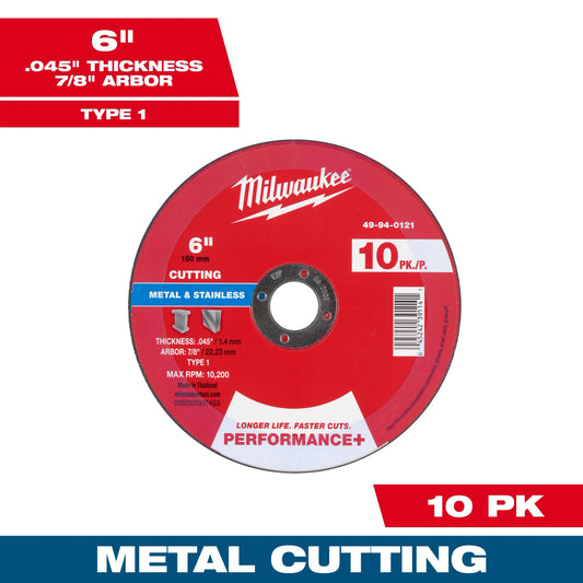 Milwaukee Tool 49-94-0121 6" x .045" x 7/8" Performance & Metal Cut Off Wheels - Type 1, 10 EA/PK