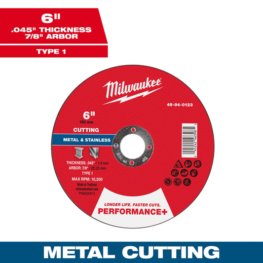 Milwaukee Tool 49-94-0123 6" x .045" x 7/8" Performance & Metal Cut Off Wheels - Type 1, 1 EA