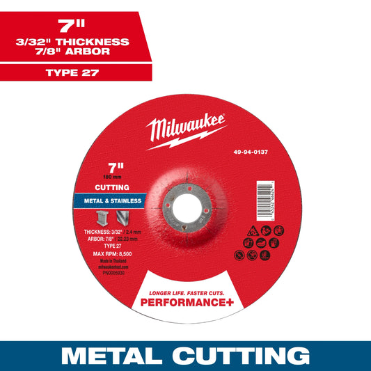 Milwaukee Tool 49-94-0137 7" x 3/32" x 7/8" Performance & Metal Cut Off Wheel - Type 27, 1 EA