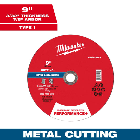 Milwaukee Tool 49-94-0143 9" x 3/32" x 7/8" Performance & Metal Cut Off Wheel - Type 1, 1 EA