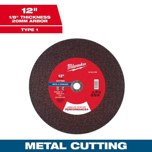 Milwaukee Tool 49-94-0158 12" x 1/8" x 20mm Performance & Metal Cut Off Wheel - Type 1, 1 EA