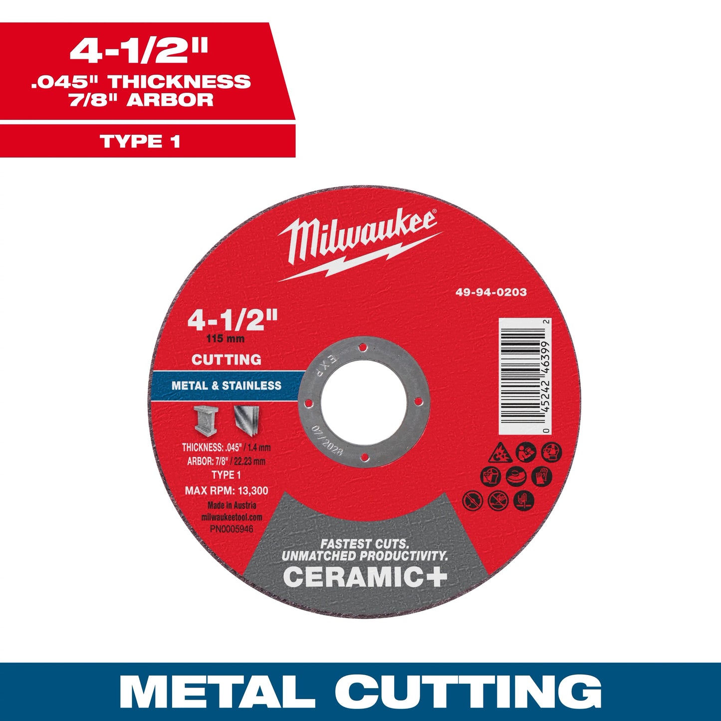 Milwaukee Tool 49-94-0203 4-1/2" x .045" x 7/8" Ceramic+ Metal Cut Off Wheel -Type 1, 1 EA