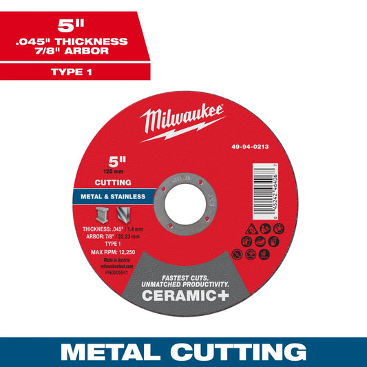 Milwaukee Tool 49-94-0213 5" x .045" x 7/8" Ceramic & Metal Cut Off Wheel - Type 1, 1 EA