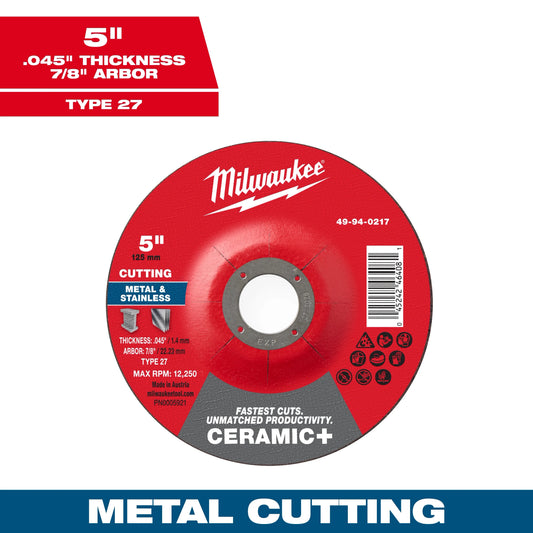 Milwaukee Tool 49-94-0217 5" x .045" x 7/8" Ceramic & Metal Cut Off Wheel - Type 27, 1 EA