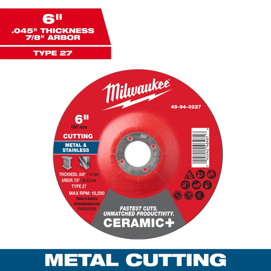 Milwaukee Tool 49-94-0227 6" x .045" x 7/8" Ceramic & Metal Cut Off Wheel - Type 27, 1 EA