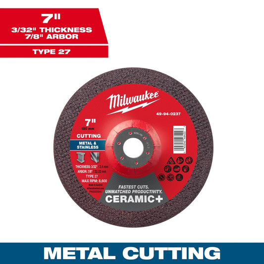Milwaukee Tool 49-94-0237 7" x 3/32" x 7/8" Ceramic & Metal Cut Off Wheel - Type 27, 1 EA