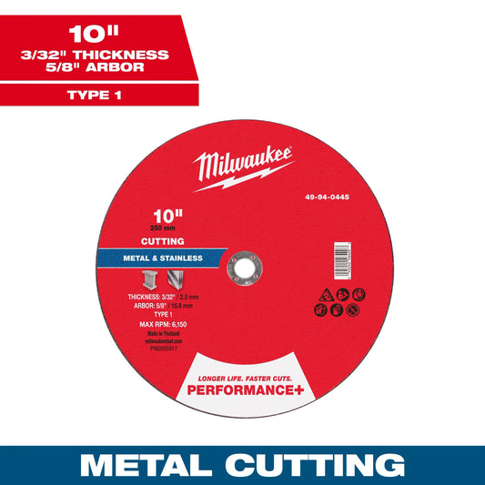 Milwaukee Tool 49-94-0445 10" x 3/32" x 5/8" Performance & Metal Cut Off Wheel - Type 1, 1 EA