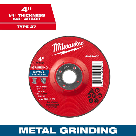 Milwaukee Tool 49-94-0501 4" x 1/4" x 5/8" Metal Grinding Wheel - Type 27, 1 EA
