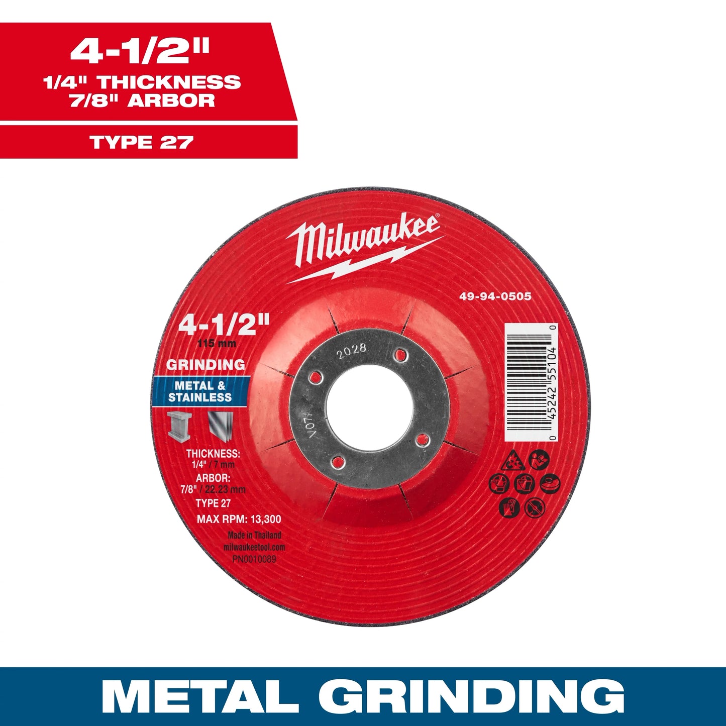 Milwaukee Tool 49-94-0505 4-1/2" x 1/4" x 7/8" Metal Grinding Wheels - Type 27, 1 EA