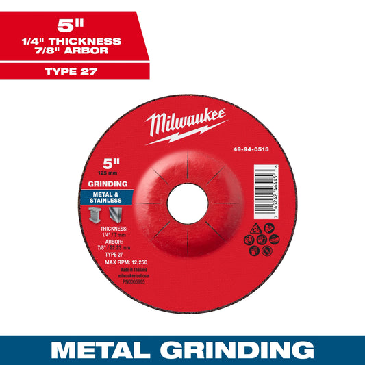 Milwaukee Tool 49-94-0513 5" x 1/4" x 7/8" Metal Grinding Wheel - Type 27, 1 EA