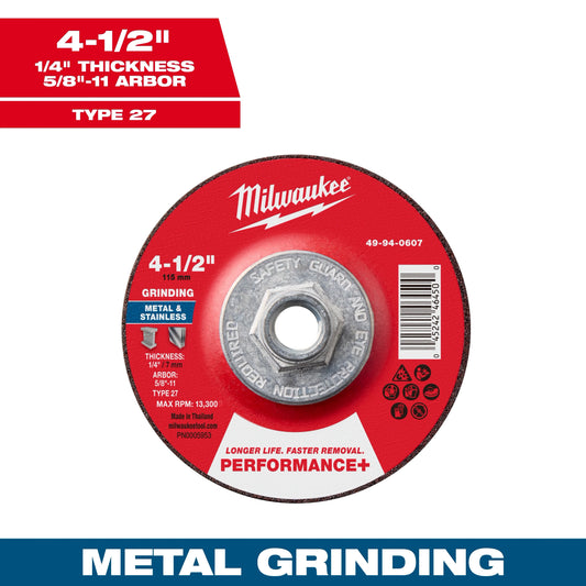 Milwaukee Tool 49-94-0607 4-1/2" x 1/4" x 5/8"-11 Performance & Metal Grinding Wheel - Type 27, 1 EA