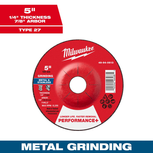 Milwaukee Tool 49-94-0613 5" x 1/4" x 7/8" Performance & Metal Grinding Wheels - Type 27, 1 EA