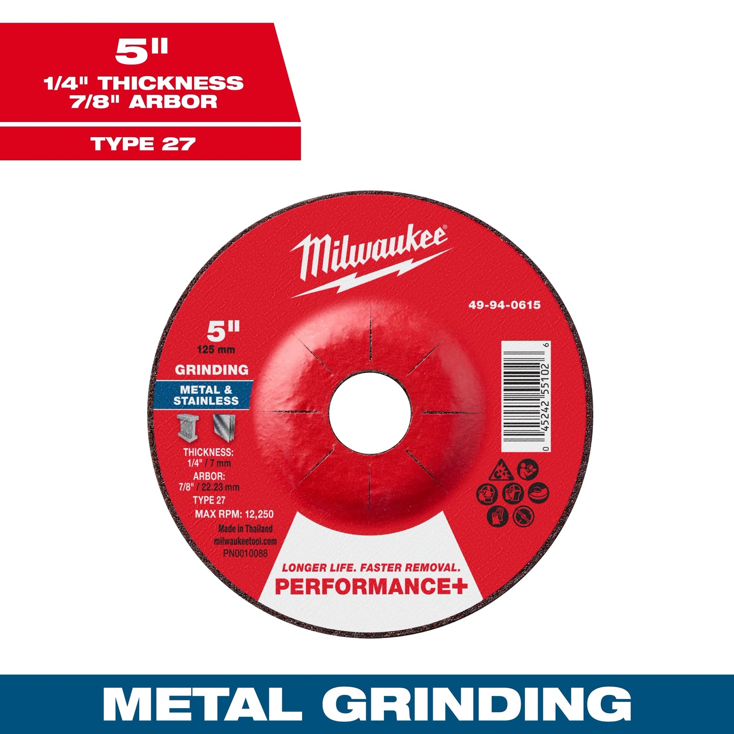 Milwaukee Tool 49-94-0615 5" x 1/4" x 7/8" Performance & Metal Grinding Wheels - Type 27, 1 EA