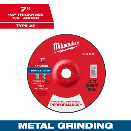 Milwaukee Tool 49-94-0633 7" x 1/4" x 7/8" Performance & Metal Grinding Wheel - Type 27, 1 EA