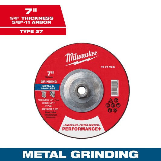Milwaukee Tool 49-94-0637 7" x 1/4" x 5/8"-11 Performance & Metal Grinding Wheel - Type 27, 1 EA