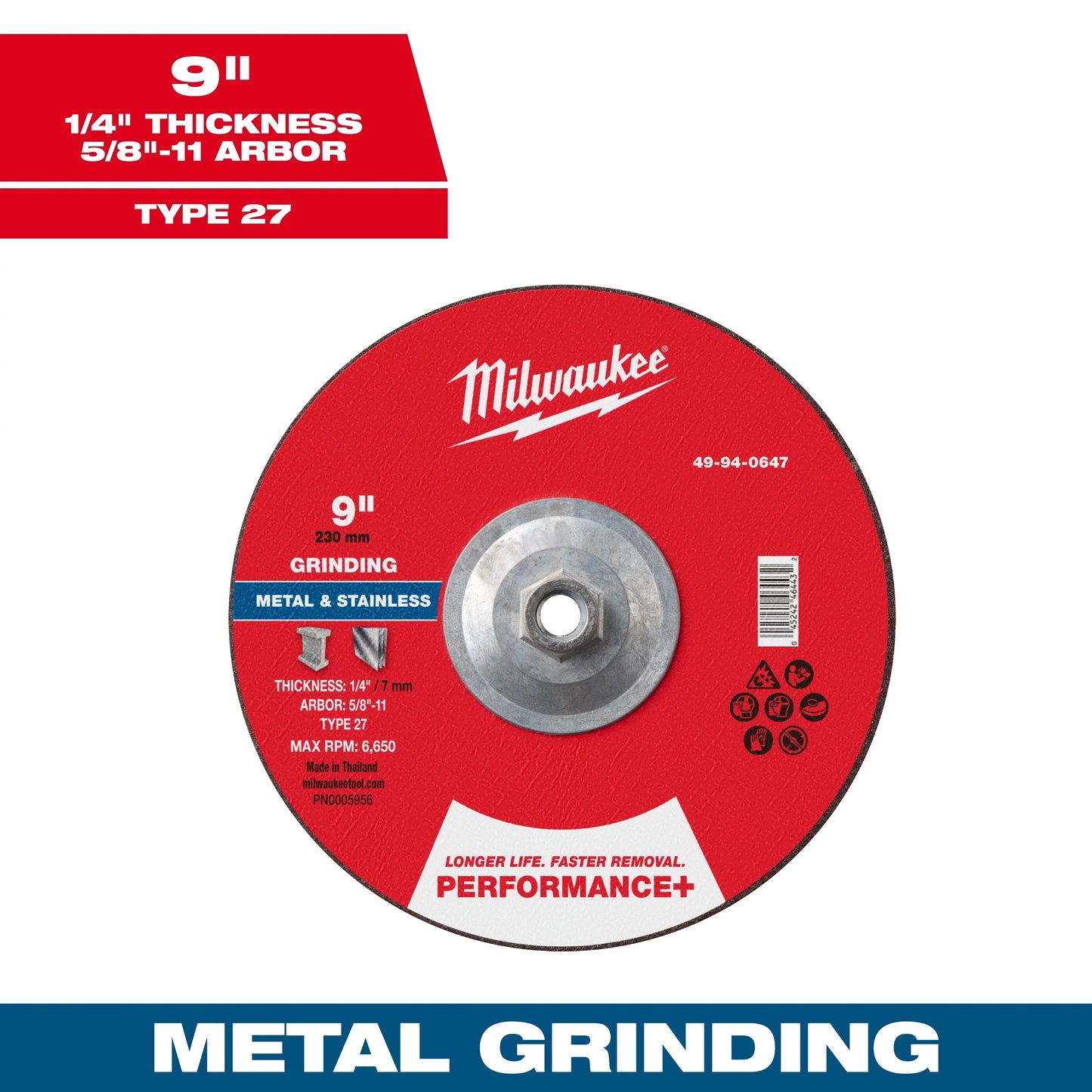 Milwaukee Tool 49-94-0647 9" x 1/4" x 5/8"-11 Performance & Metal Grinding Wheel - Type 27, 1 EA