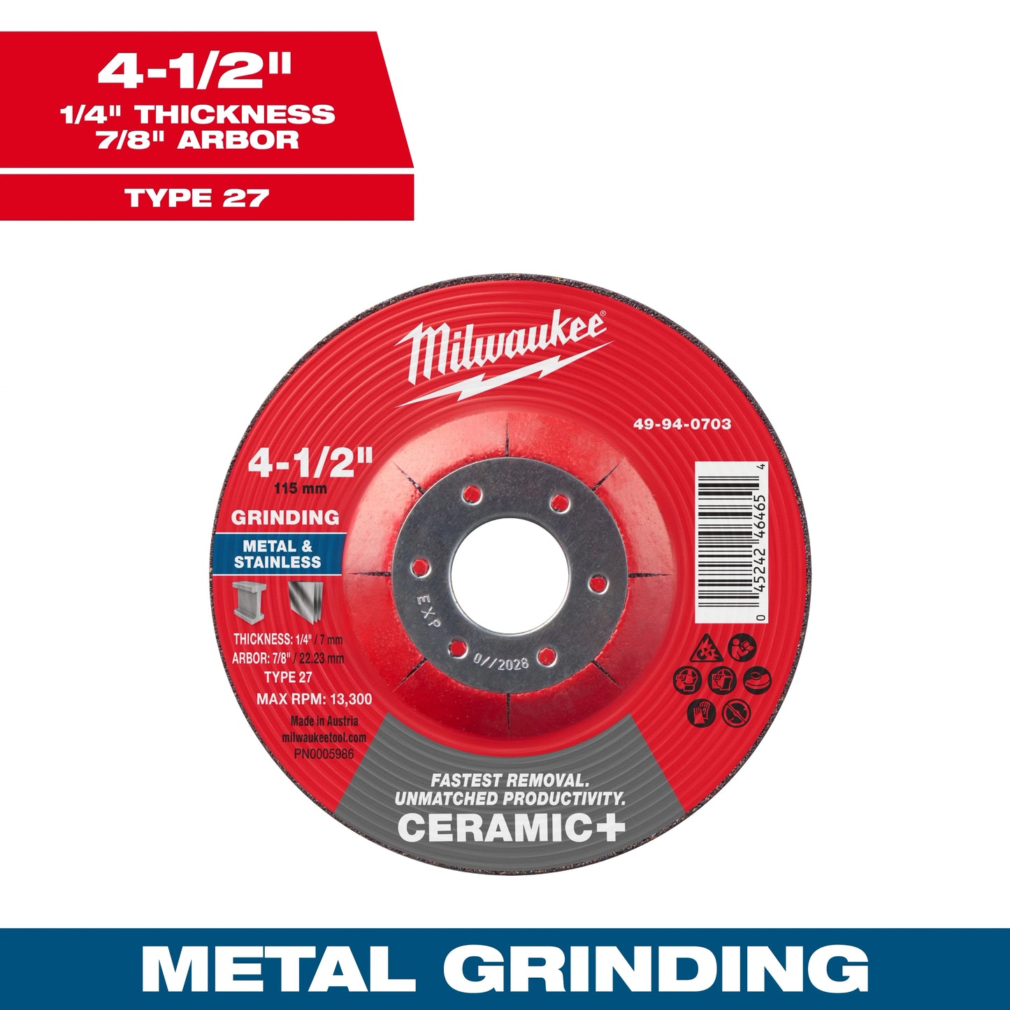 Milwaukee Tool 49-94-0703 4-1/2" x 1/4" x 7/8" Ceramic+ Metal Grinding Wheel - Type 27, 1 EA