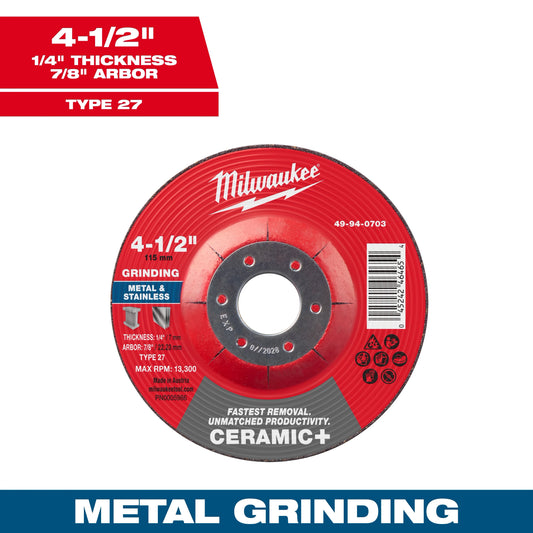 Milwaukee Tool 49-94-0703 4-1/2" x 1/4" x 7/8" Ceramic+ Metal Grinding Wheel - Type 27, 1 EA