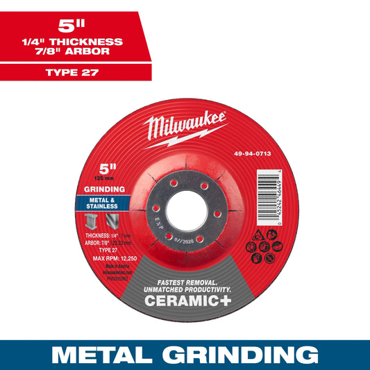 Milwaukee Tool 49-94-0713 5" x 1/4" x 7/8" Ceramic & Metal Grinding Wheel - Type 27, 1 EA