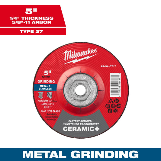 Milwaukee Tool 49-94-0717 5" x 1/4" x 5/8"-11 Ceramic & Metal Grinding Wheel - Type 27, 1 EA