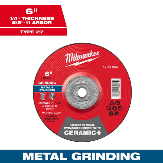 Milwaukee Tool 49-94-0727 6" x 1/4" x 5/8"-11 Ceramic & Metal Grinding Wheel - Type 27, 1 EA