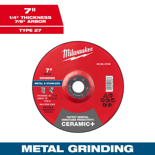 Milwaukee Tool 49-94-0733 7" x 1/4" x 7/8" Ceramic & Metal Grinding Wheel - Type 27, 1 EA