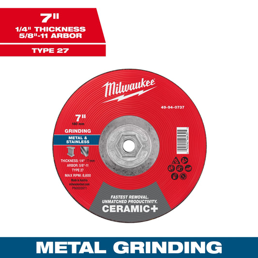Milwaukee Tool 49-94-0737 7" x 1/4" x 5/8"-11 Ceramic & Metal Grinding Wheel - Type 27, 1 EA