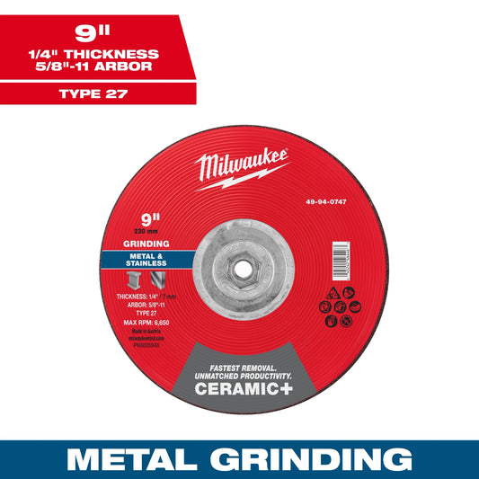 Milwaukee Tool 49-94-0747 9" x 1/4" x 5/8"-11 Ceramic & Metal Grinding Wheel - Type 27, 1 EA