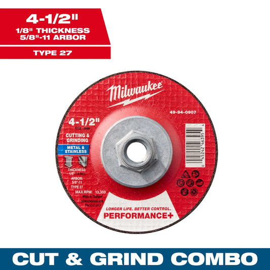 Milwaukee Tool 49-94-0907 4-1/2" x 1/8" x 5/8-11" Performance & Dual Metal Cut & Grind Wheel - Type 27, 1 EA