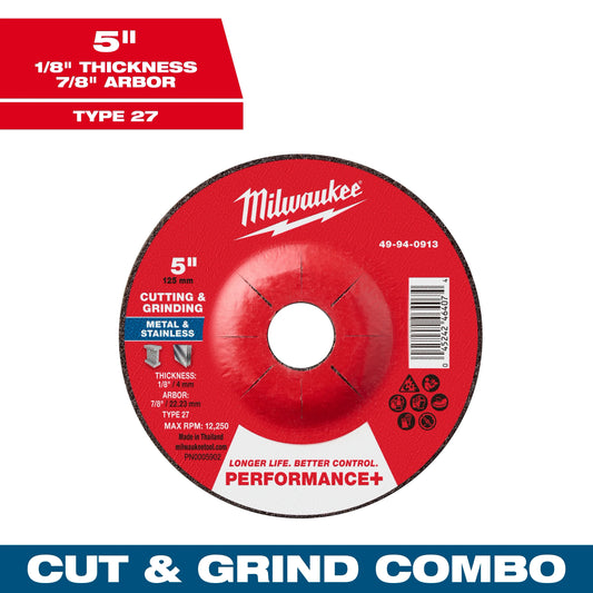 Milwaukee Tool 49-94-0913 5" x 1/8" x 7/8" Performance & Dual Metal Cut & Grind Wheel - Type 27, 1 EA