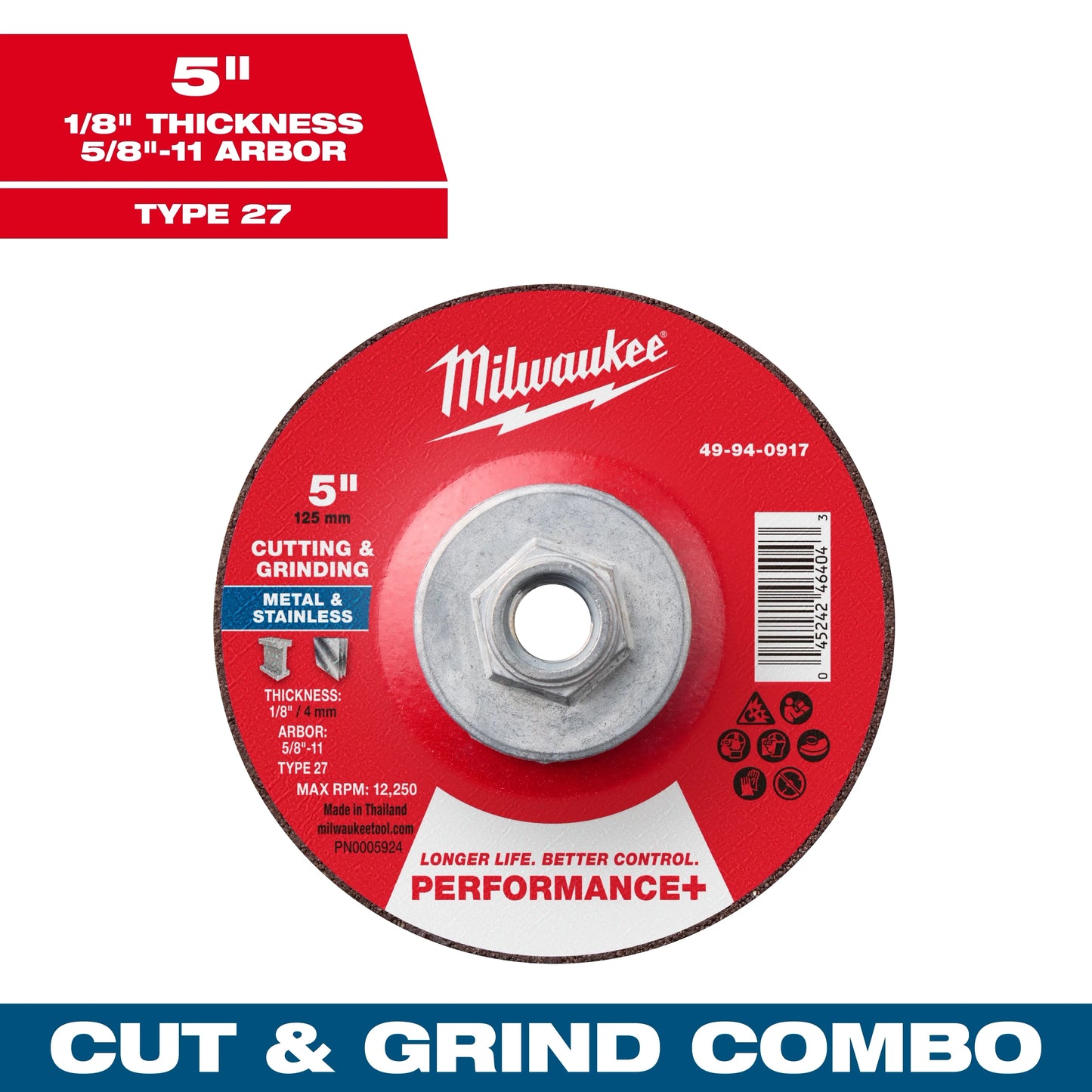 Milwaukee Tool 49-94-0917 5" x 1/8" x 5/8"-11 Performance & Dual Metal Cut & Grind Wheel - Type 27, 1 EA