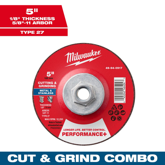 Milwaukee Tool 49-94-0917 5" x 1/8" x 5/8"-11 Performance & Dual Metal Cut & Grind Wheel - Type 27, 1 EA