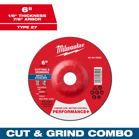 Milwaukee Tool 49-94-0923 6" x 1/8" x 7/8" Performance & Dual Metal Cut & Grind Wheel - Type 27, 1 EA