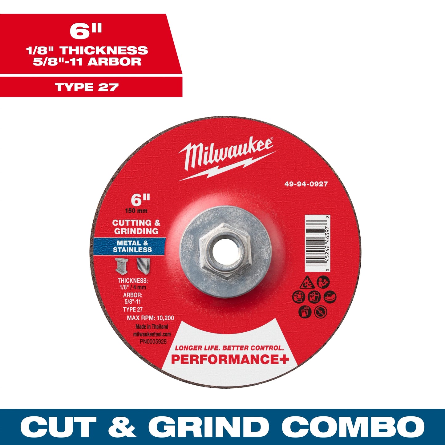 Milwaukee Tool 49-94-0927 6" x 1/8" x 5/8"-11 Performance & Dual Metal Cut & Grind Wheel - Type 27, 1 EA