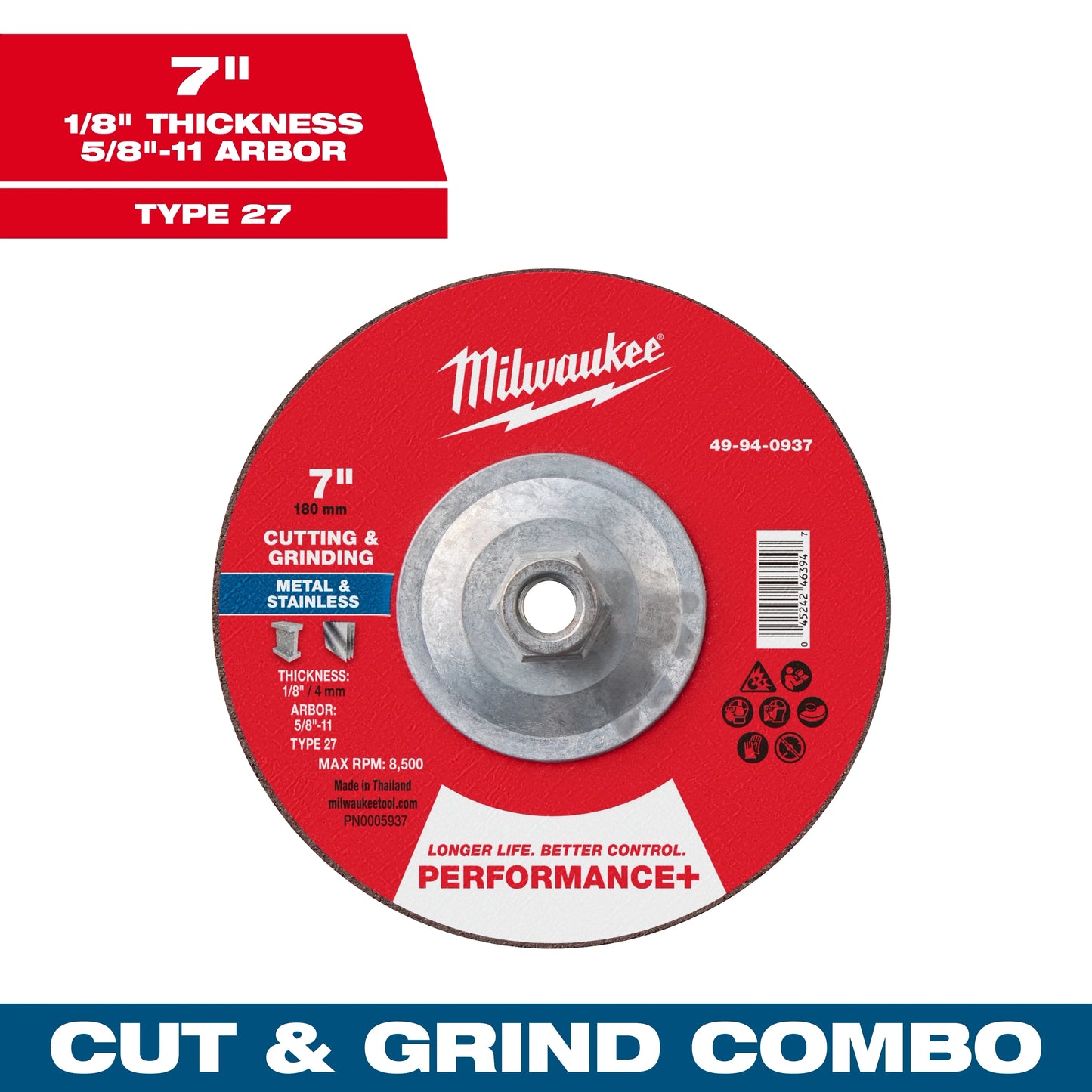 Milwaukee Tool 49-94-0937 7" x 1/8" x 5/8"-11 Performance & Dual Metal Cut & Grind Wheel - Type 27, 1 EA