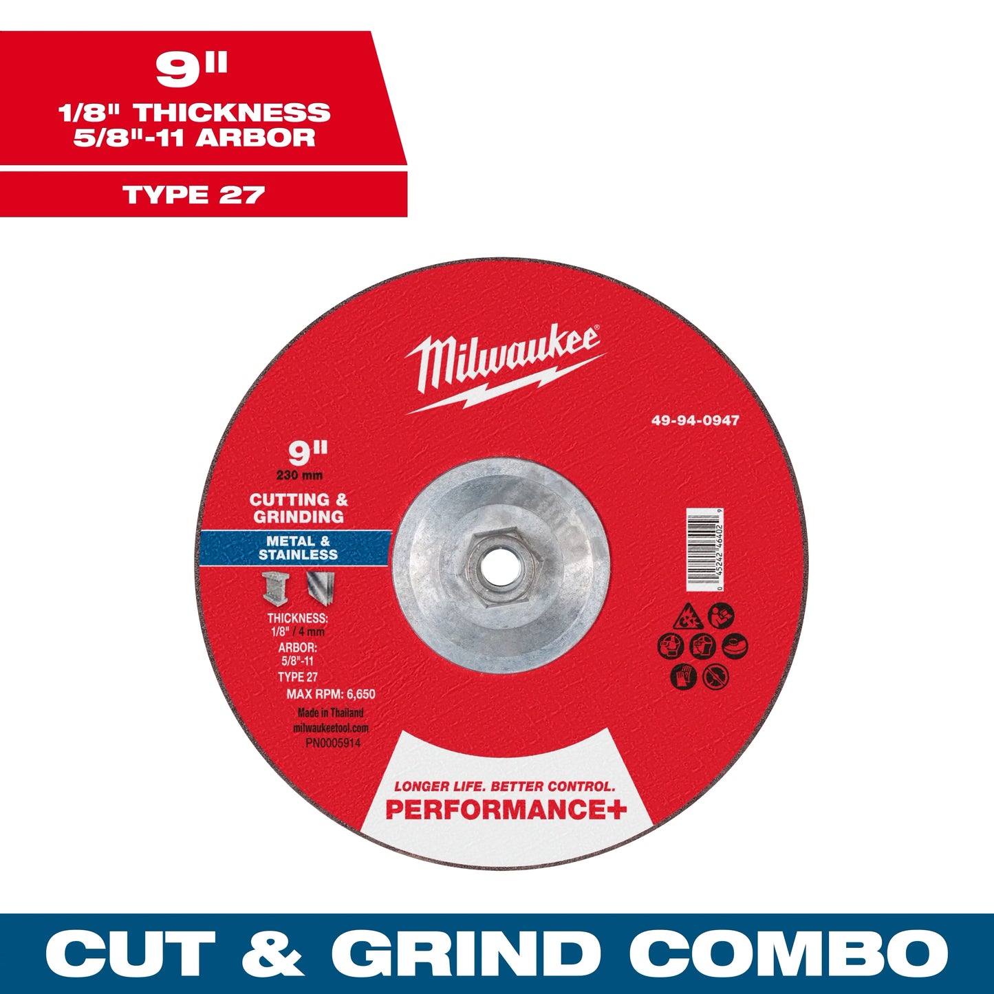 Milwaukee Tool 49-94-0947 9" x 1/8" x 5/8"-11 Performance & Dual Metal Cut & Grind Wheel - Type 27, 1 EA