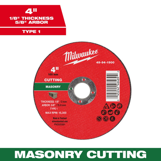 Milwaukee Tool 49-94-1900 4" x 1/8" x 5/8" Masonry Cut Off Wheel -Type 1, 1 EA