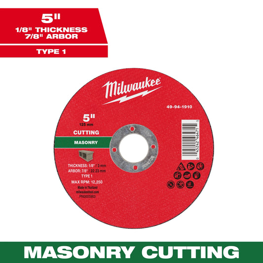 Milwaukee Tool 49-94-1910 5" x 1/8" x 7/8" Masonry Cut Off Wheel - Type 1, 1 EA