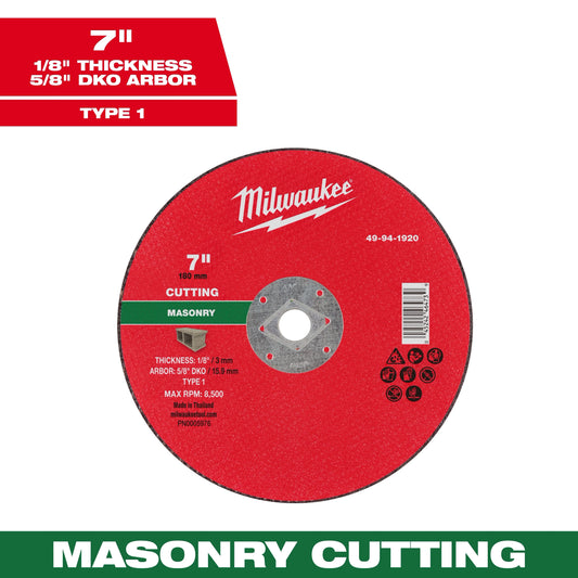 Milwaukee Tool 49-94-1920 7" x 1/8" x 5/8" DKO Masonry Cut Off Wheel - Type 1, 1 EA