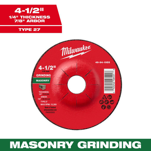 Milwaukee Tool 49-94-1955 4-1/2" x 1/4" x 7/8" Masonry Grinding Wheel - Type 27, 1 EA