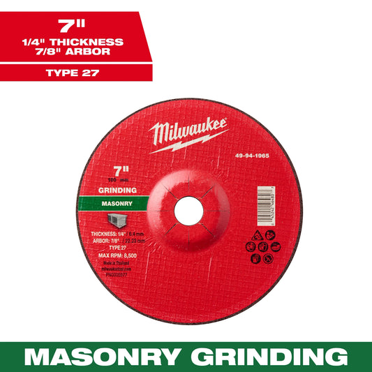 Milwaukee Tool 49-94-1965 7" x 1/4" x 7/8" Masonry Grinding Wheel - Type 27, 1 EA