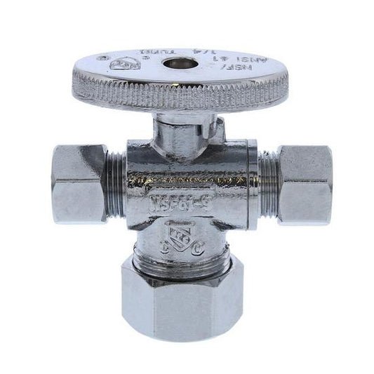 Jones Stephens S10333 5/8" OD Comp x 3/8" OD Comp x 3/8" OD Comp Quarter-Turn Dual Outlet Supply Stop Valve, Chrome Plated