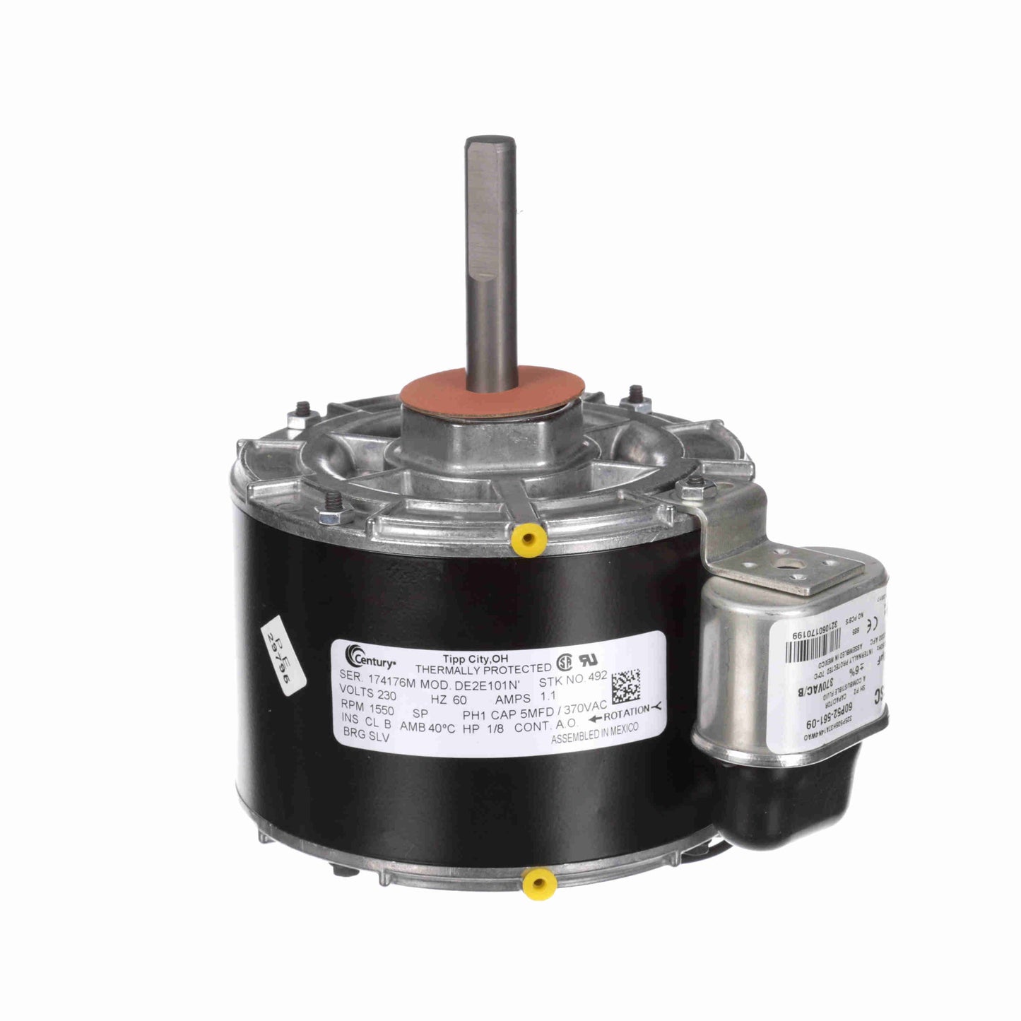 Century OEM Replacement Motor, 1/8 HP, 1 Ph, 60 Hz, 230 V, 1550 RPM, 1 Speed, 42 Frame, SEMI ENCLOSED - 492