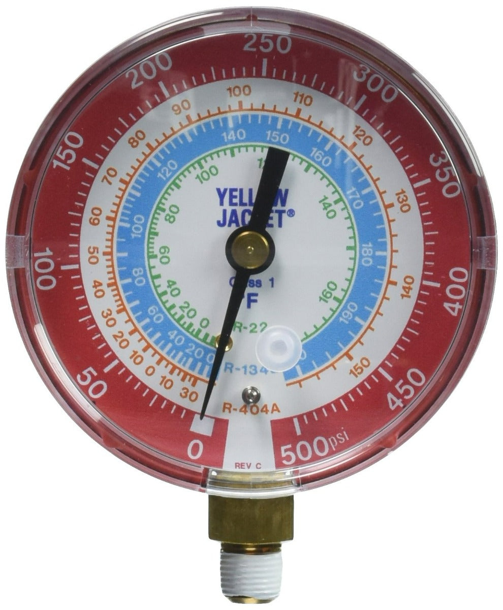 Yellow Jacket 49205 3-1/8", red pressure, 0-500 psi, R22/134a/404A certified gauge (Â°F)