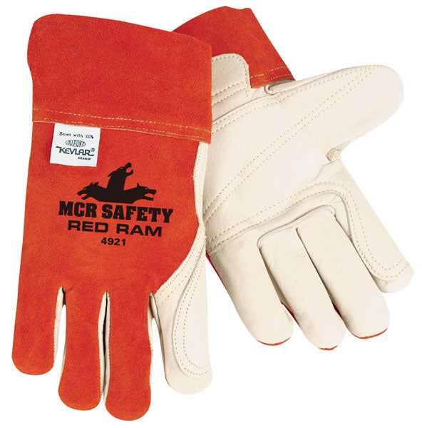 MCR Safety 4921 MCR Safety Red Ram™ Leather Welding Work Gloves Grain Leather Double Palm, Split Leather Back Fleece Lined Palm (1 DZ)