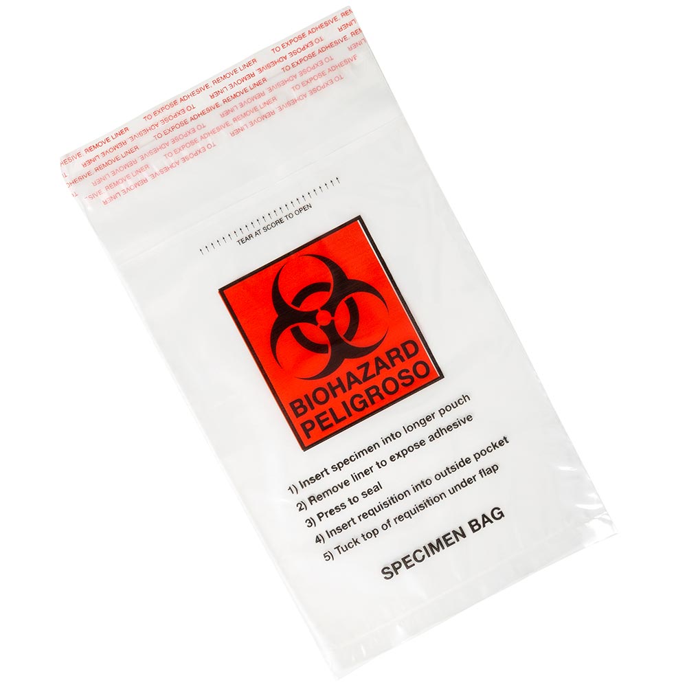 Globe Scientific 4925 Bag Biohazard Specimen Transport 8" x 10" Ziplock with Document Pouch Tearzone 100/Pack 10 Packs/Unit