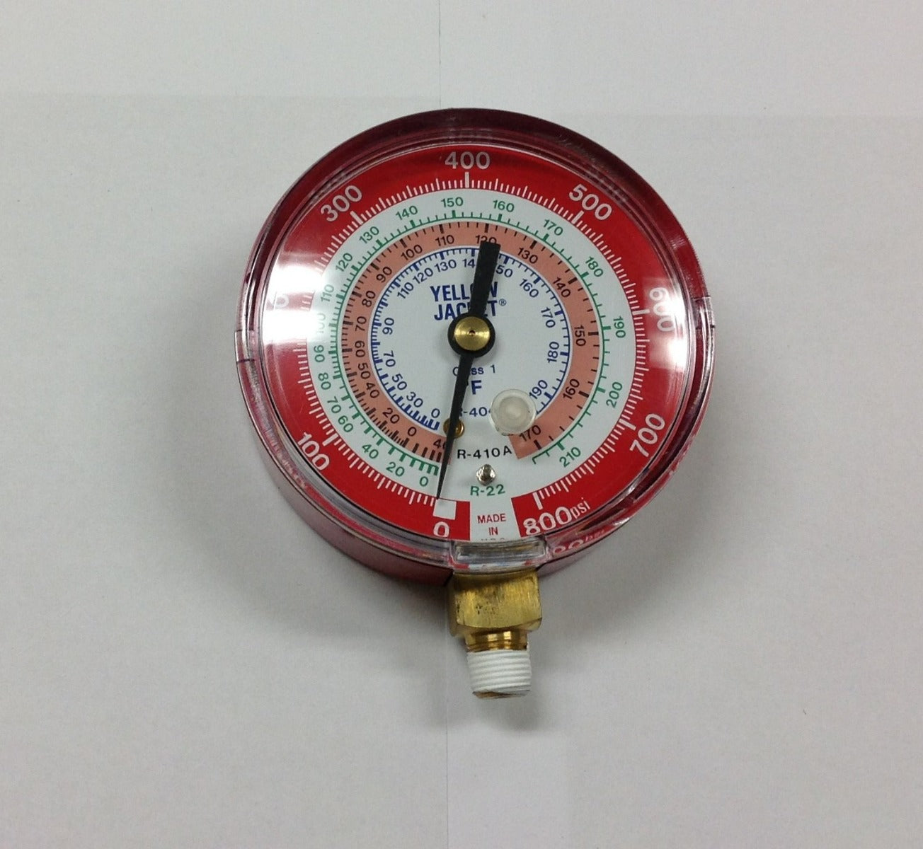 Yellow Jacket 49237 3-1/8" red pressure, 0-800 psi, R22/404A/410A certified gauge (Â°F)