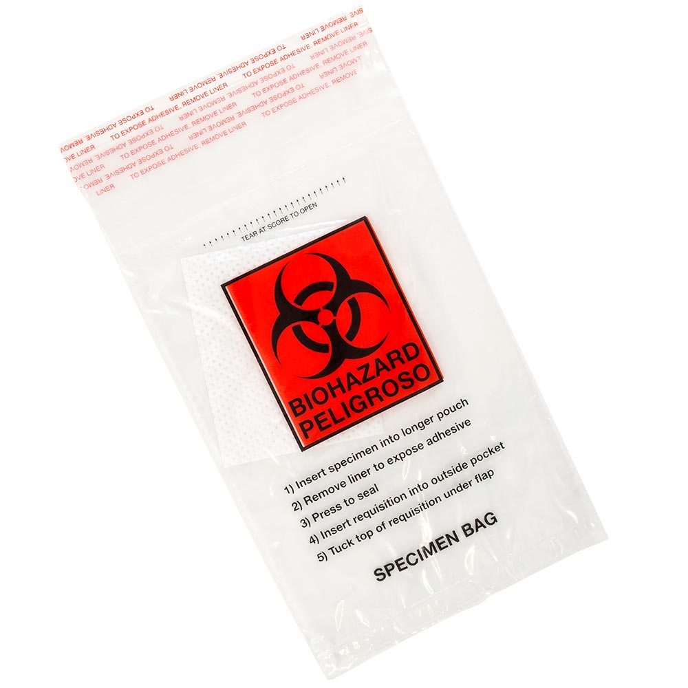 Globe Scientific 4923 Bag Biohazard Specimen Transport 6" x 10" Glue Seal with Document Pouch and Absorbent Pad