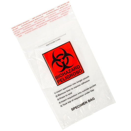 Globe Scientific 4923 Bag Biohazard Specimen Transport 6" x 10" Glue Seal with Document Pouch and Absorbent Pad